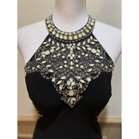 Floor Length Betsy & Adam Prom Dress ~ Black Size 2 ~ Beaded ~ Open Back - Picture 4 of 12